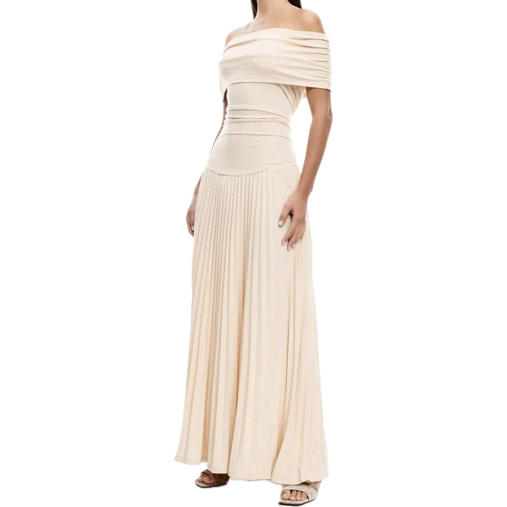 Lioness Field of Dreams‎ Maxi Dress XL Oatmeal Off Shoulder Pleated NWT